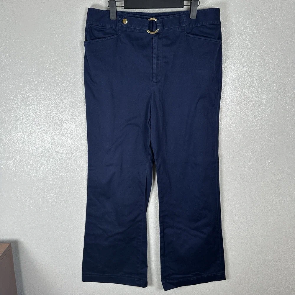 Lauren Ralph Lauren Pants Womens 12 Navy Blue Wide‎ Leg Belted Cotton Nautical